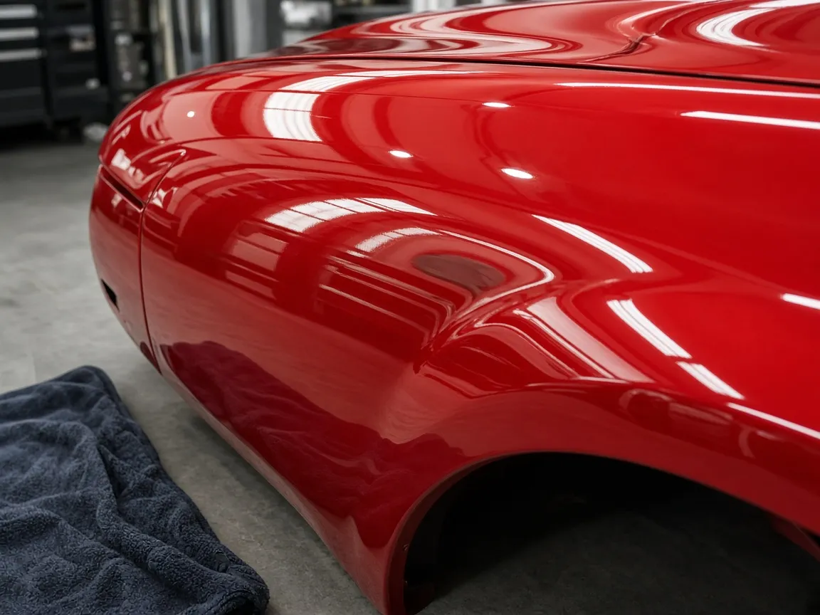 A freshly refinished red fender