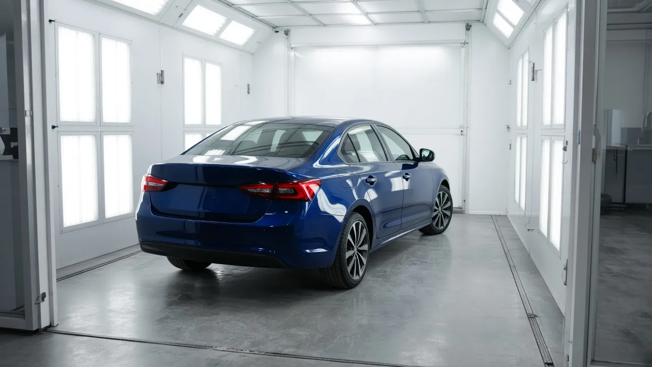 A blue sedan inside the Ridgeline paint booth